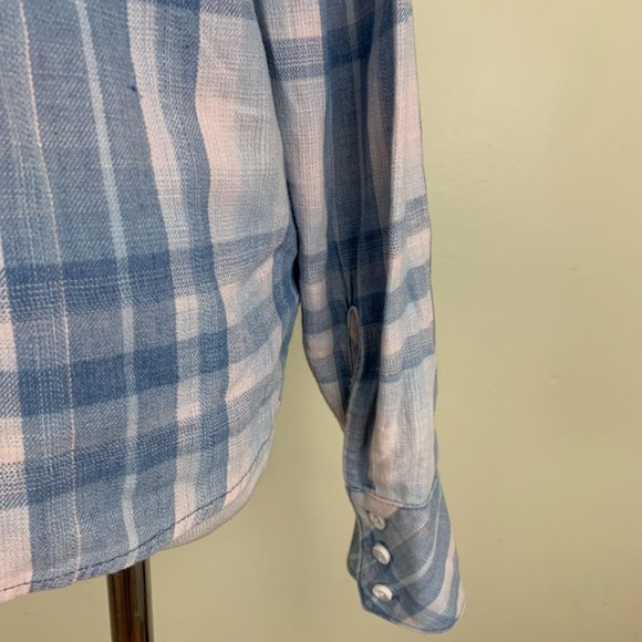 CLOTH & STONE Anthropologie Blue Pink Plaid Tie Hem Long Sleeve Button Shirt - Picture 7 of 10